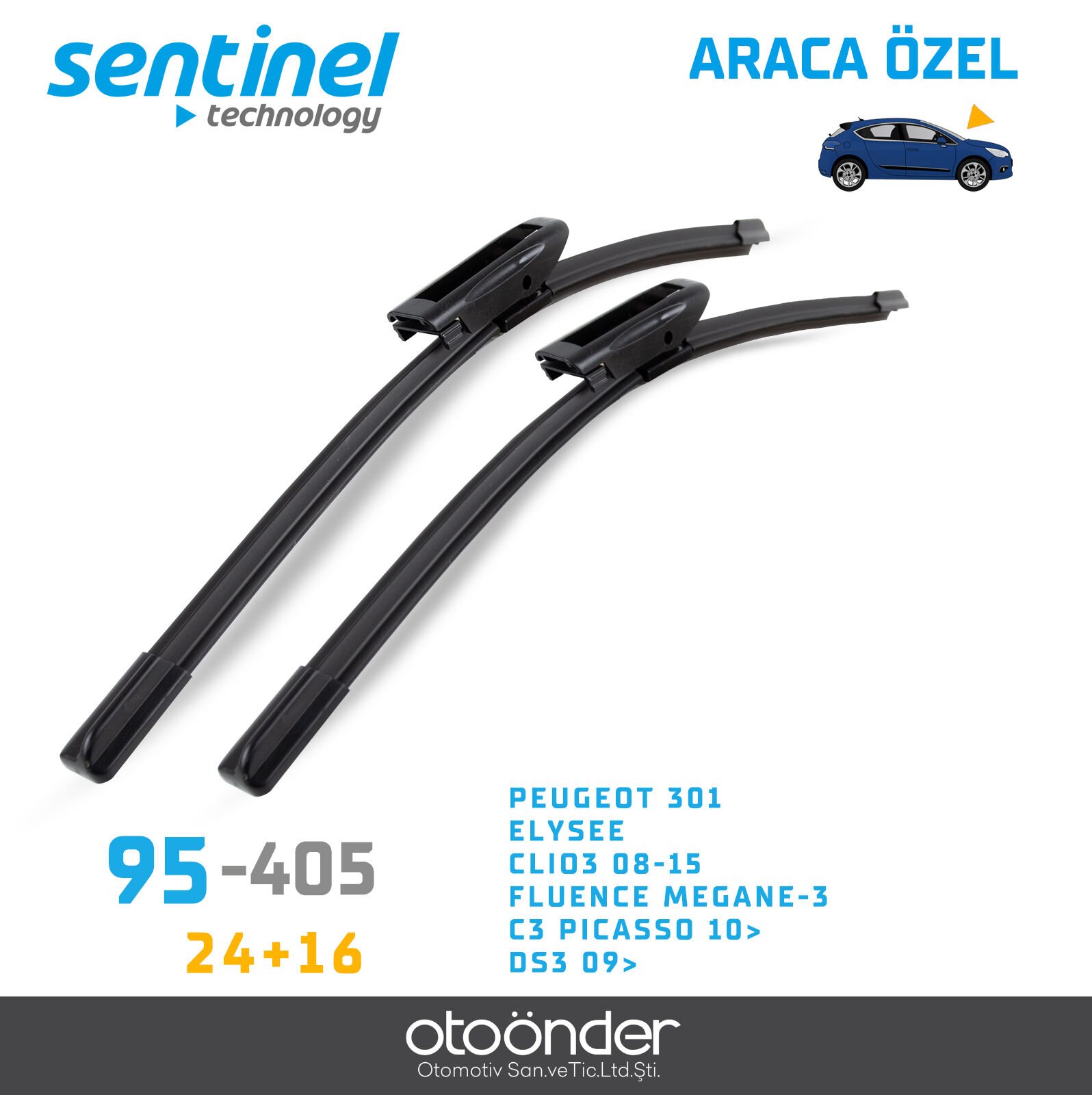 Süpürge Takım Ön Peugeot 301 Elysee Renault Clio 3 Fluence Megane 3 Citroen C3 Picasso DS3 24''+16'' Araca Özel Silecek Süpürgesi