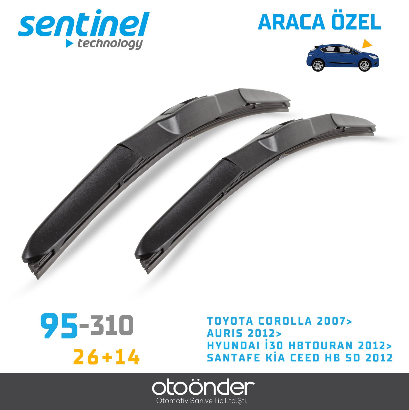 Süpürge Takım Ön Toyota Corolla 2007 Sonrası Auris Hyundai i30 Kia Ceed 2012 Sonrası VW Touran 2012 Sonrası Santa Fe 26''+14'' Araca Özel Silecek Süpürgesi