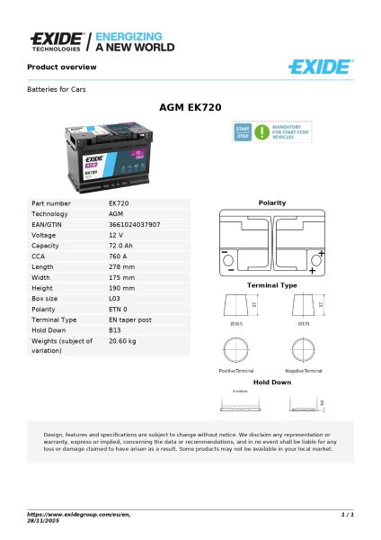 Exide EK720 12V AGM Akü – 72Ah Start-Stop Uyumlu Yüksek Performans Ağır Hizmet Aküsü