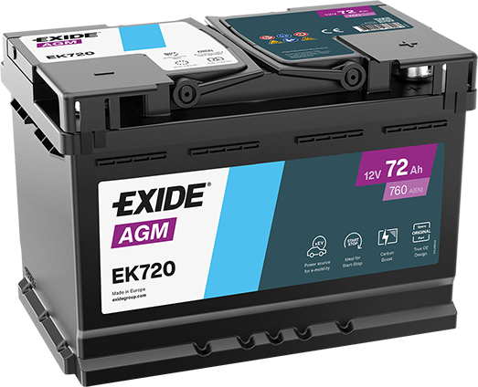 Exide EK720 12V AGM Akü – 72Ah Start-Stop Uyumlu Yüksek Performans Ağır Hizmet Aküsü