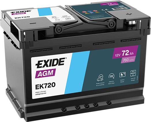 Exide EK720 12V AGM Akü – 72Ah Start-Stop Uyumlu Yüksek Performans Ağır Hizmet Aküsü