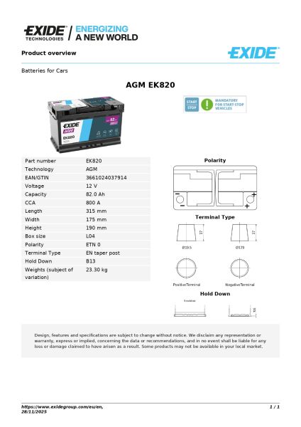 Exide EK820 12V 82Ah AGM Akü – Start-Stop Uyumlu Yüksek Performans ve Uzun Ömür