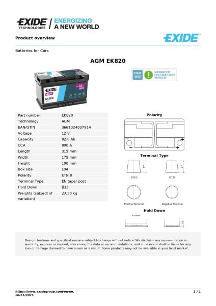 Exide EK820 12V 82Ah AGM Akü – Start-Stop Uyumlu Yüksek Performans ve Uzun Ömür