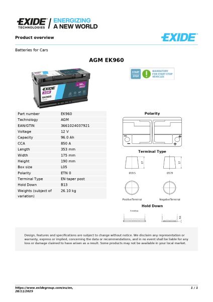 12V 96Ah AGM Akü – Start-Stop Uyumlu Üst Seviye Güç ve Dayanıklılık