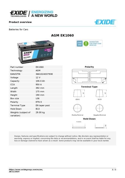 12V 106Ah AGM Akü – Start-Stop Uyumlu Üst Seviye Performans ve Uzun Ömür