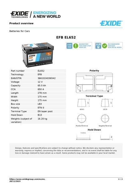 65Ah EFB Akü – Start-Stop Uyumlu Güçlü ve Dayanıklı EFB Teknolojisi