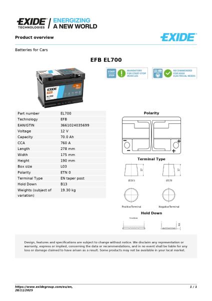 12V 70Ah EFB Akü – Start-Stop Uyumlu Güçlü ve Uzun Ömürlü EFB Teknolojisi