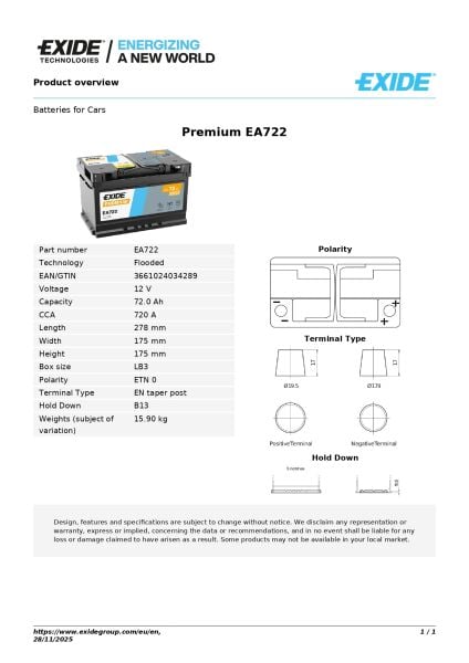 Exide Premium  12V 72Ah Akü – Yüksek Marş Gücü, Uzun Ömür ve Premium Performans