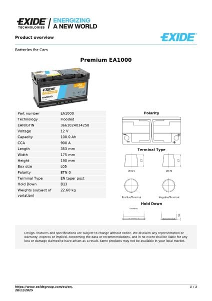 Exide Premium  12V 100Ah Akü – Maksimum Marş Gücü, Uzun Ömür ve Üst Seviye Premium Performans