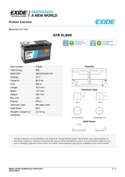 Exide EFB 12V 80Ah EFB Akü – Start-Stop Araçlar İçin Güçlü Performans ve Uzun Ömür