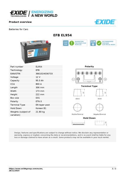 Exide EFB 12V 95Ah EFB Akü – Start-Stop Araçlar İçin Üstün Performans ve Uzun Ömür