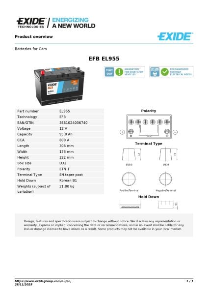 12 V 95 AH D31 TERS EFB EL955 EXİDE AKÜ