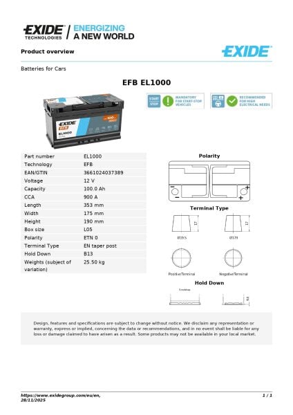 Exide EFB 12V 100Ah EFB Akü – Start-Stop Araçlar İçin Maksimum Güç, Dayanıklılık ve Uzun Ömür