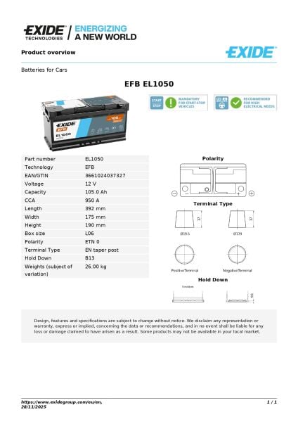 12 V 105 AH L6 EFB EL1050 EXİDE AKÜ Start-Stop Araçlar İçin Üstün Güç, Dayanıklılık ve Uzun Ömür