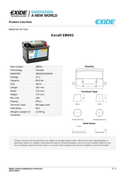 Exide Excell 12V 60Ah Akü – Güvenilir Marş Gücü ve Uzun Ömürlü Excell Performansı