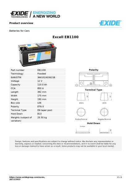 Excell 12V 110Ah Akü | Yüksek Güç Kapasitesi & Üstün Marş Performansı | Excell Heavy Duty Seri