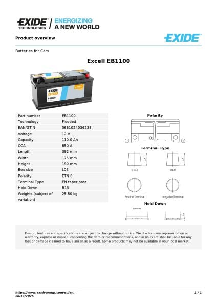 Excell 12V 110Ah Akü | Yüksek Güç Kapasitesi & Üstün Marş Performansı | Excell Heavy Duty Seri
