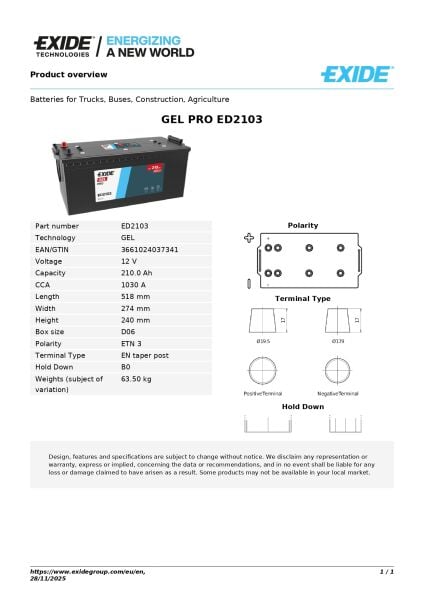 Exide Endurance+PRO GEL 12V 210Ah Akü | Gel Teknolojisi & Yüksek Döngü Dayanımı