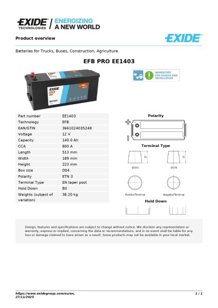 Exide EFB PRO 12V 140Ah Akü | Güçlü Başlangıç Gücü & Uzun Ömür | Exide Commercial EFB Serisi