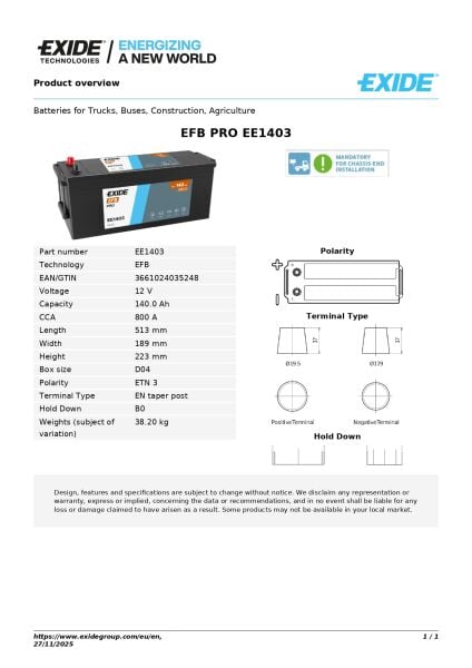 Exide EFB PRO 12V 140Ah Akü | Güçlü Başlangıç Gücü & Uzun Ömür | Exide Commercial EFB Serisi