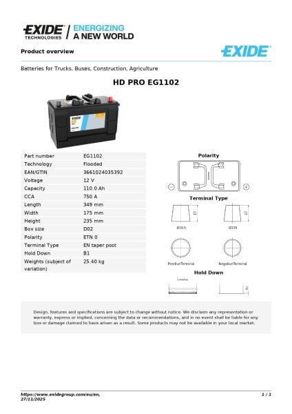 Exide HD PRO / Start PRO 12V 110Ah Başlangıç Aküsü | 750A Soğuk Marş Gücü & Ticari Kullanıma Uygun