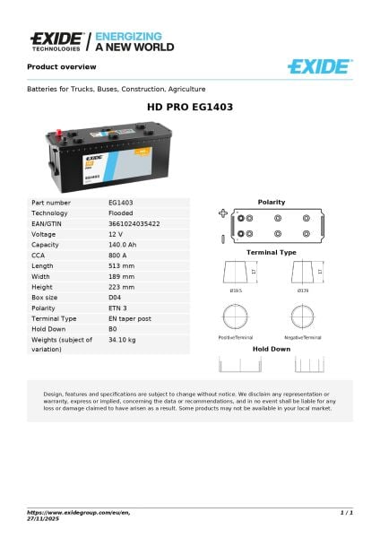 Exide HD PRO / Start PRO 12V 140Ah Akü | 800A Soğuk Marş & Ticari Başlangıç Performansı