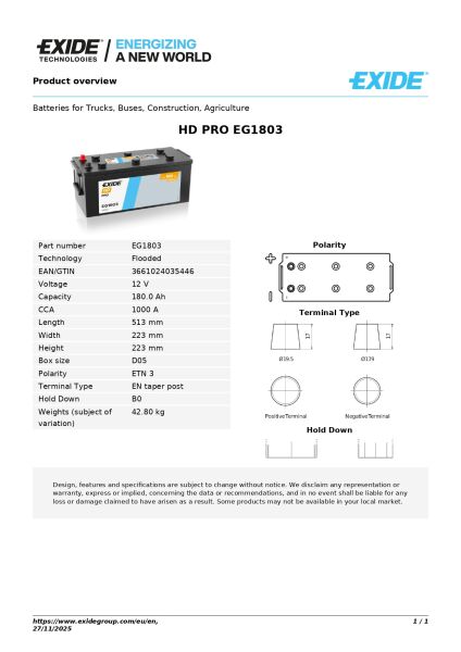 Exide HD PRO / Start PRO 12V 180Ah Akü | 1000A Soğuk Marş Gücü & Ağır Hizmet Başlangıç Aküsü