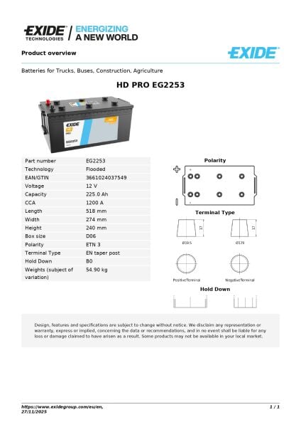 Exide HD PRO / Start PRO 12V 225Ah Akü | 1200A Soğuk Marş ve Ağır Ticari Kullanım