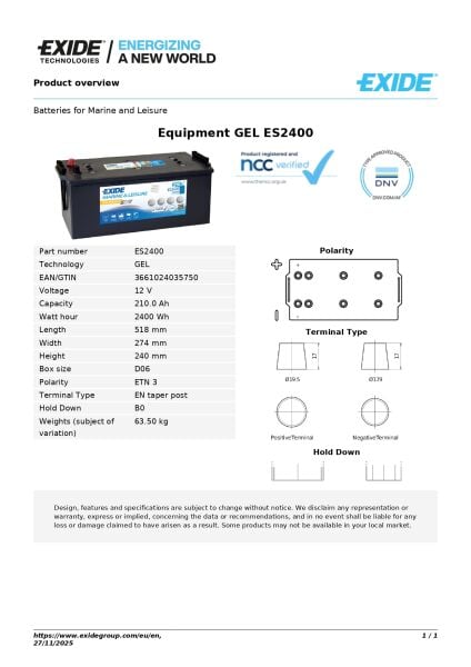Exide 12V 210Ah GEL Marin / Ekipman Aküsü | Derin Deşarj & Dayanıklı Jel Teknolojisi