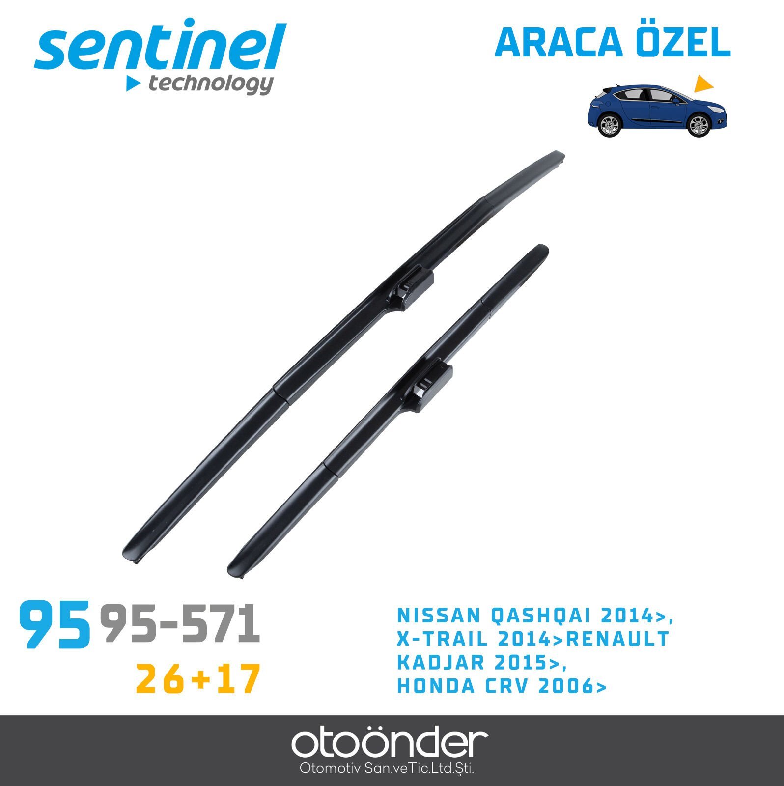 Süpürge Takım Ön Nissan Qashqai – X-Trail 2014->, Renault Kadjar 2015->, Honda CRV 2006-> 26''+17'' Araca Özel Ön Cam Silecek Süpürgesi