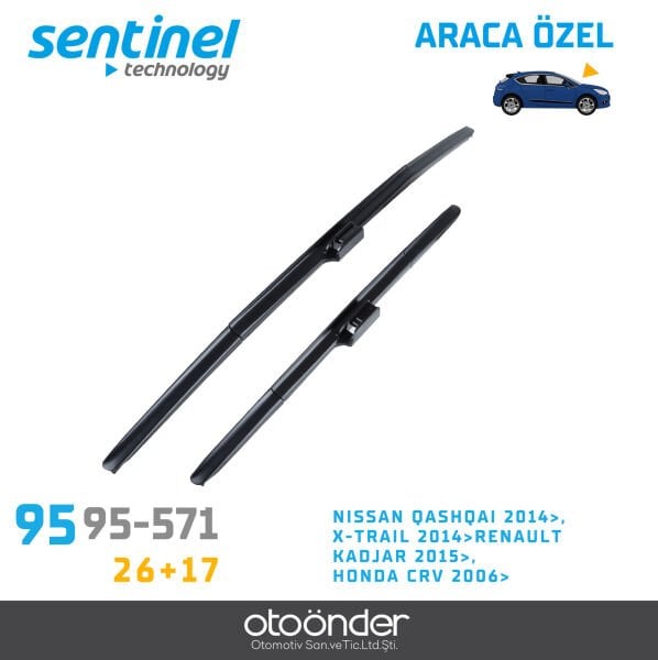 Süpürge Takım Ön Nissan Qashqai – X-Trail 2014->, Renault Kadjar 2015->, Honda CRV 2006-> 26''+17'' Araca Özel Ön Cam Silecek Süpürgesi