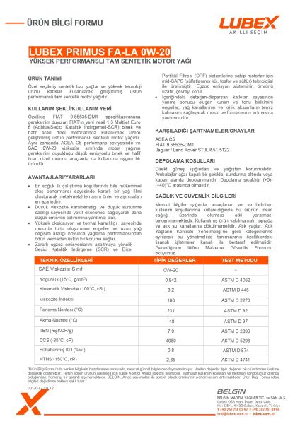 Lubex Primus FA-LA 0W-20 Motor Yağı | Tam Sentetik Düşük Viskoziteli Benzinli ve Hybrid Motor Yağı