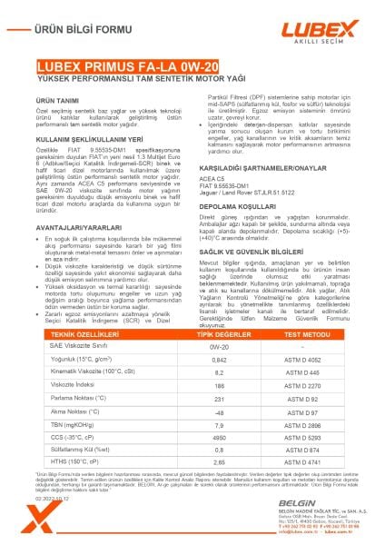 Lubex Primus FA-LA 0W-20 Motor Yağı | Tam Sentetik Düşük Viskoziteli Benzinli ve Hybrid Motor Yağı