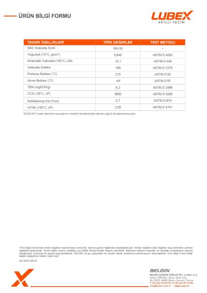 Lubex Primus MV-LA 0W-30 Motor Yağı | Tam Sentetik, Düşük Sürtünmeli, Modern Benzinli ve Dizel Motor Yağı