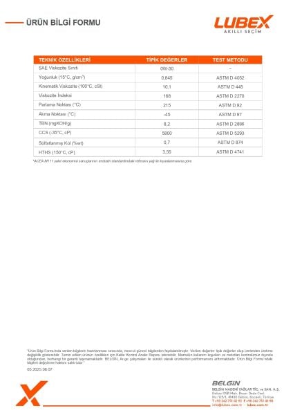 Lubex Primus MV-LA 0W-30 Motor Yağı | Tam Sentetik, Düşük Sürtünmeli, Modern Benzinli ve Dizel Motor Yağı