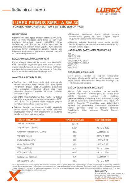 Lubex Primus SMB-LA 5W-30 Motor Yağı | Tam Sentetik, Benzinli ve Dizel Motorlar İçin Yüksek Koruma