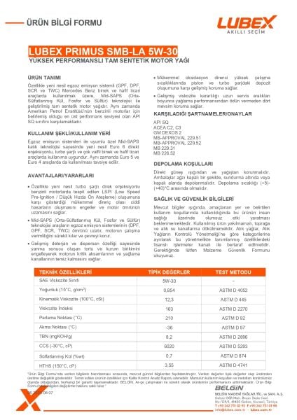 Lubex Primus SMB-LA 5W-30 Motor Yağı | Tam Sentetik, Benzinli ve Dizel Motorlar İçin Yüksek Koruma
