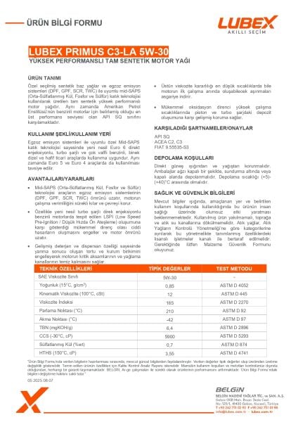 Lubex Primus C3-LA 5W-30 Motor Yağı | Tam Sentetik, Düşük SAPS, Dizel ve Benzinli Motorlar İçin C3 Performans