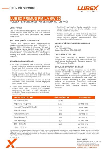 Lubex Primus FM-LA 0W-30 Motor Yağı | Tam Sentetik, Yakıt Ekonomisi Odaklı Modern Benzinli ve Dizel Motor Yağı
