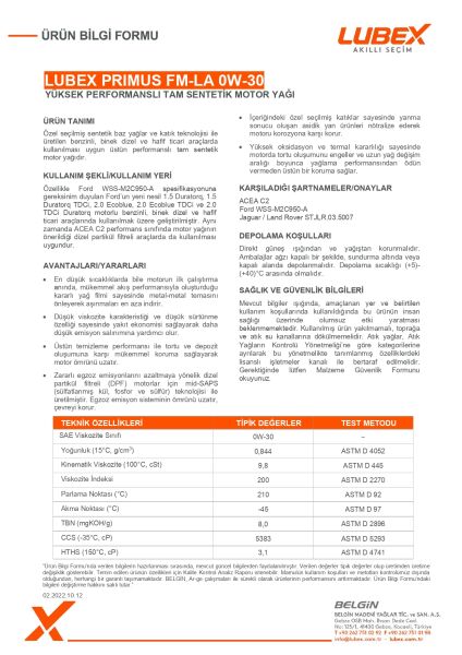 Lubex Primus FM-LA 0W-30 Motor Yağı | Tam Sentetik, Yakıt Ekonomisi Odaklı Modern Benzinli ve Dizel Motor Yağı