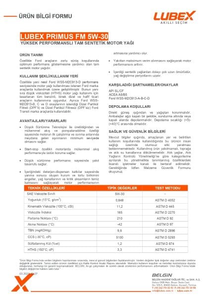 Lubex Primus FM 5W-30 Motor Yağı | Tam Sentetik, Yakıt Ekonomisi Odaklı Benzinli ve Dizel Motor Yağı