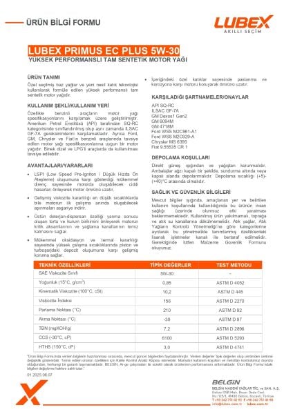Lubex Primus EC Plus 5W-30 Motor Yağı | Tam Sentetik, Yüksek Yakıt Ekonomisi ve Motor Koruması