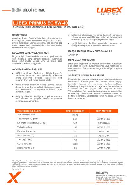 Lubex Primus EC 5W-40 Tam Sentetik Motor Yağı | Üstün Koruma ve Yüksek Performans