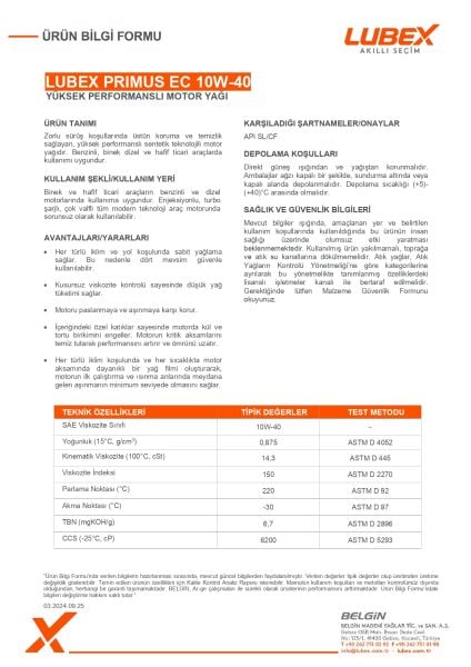 Lubex Primus EC 10W-40 Yarı Sentetik Motor Yağı | Dayanıklı Koruma ve Uyumlu Performans