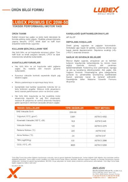 Lubex Primus EC 20W-50 Mineral Motor Yağı | Yüksek Kilometreli Motorlar İçin Güçlü Koruma