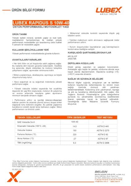 Lubex Rapidus S 10W-40 Yarı Sentetik Motor Yağı | Güçlü Koruma ve Stabil Performans