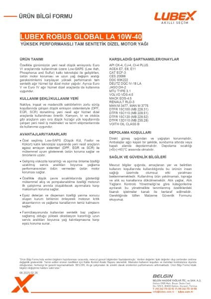 Lubex Robus Global LA 10W-40 Tam Sentetik Dizel Motor Yağı | Ağır Hizmet ve Uzun Drenaj Performansı