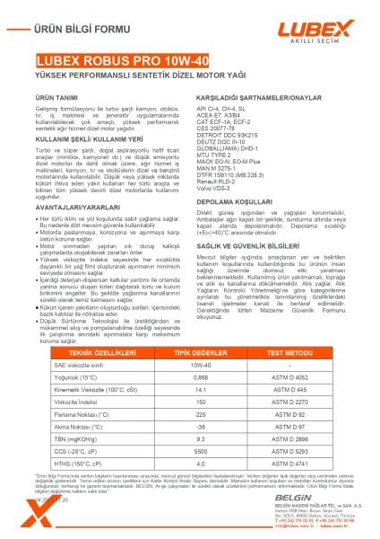 Lubex Robus Pro 10W-40 Tam Sentetik Dizel Motor Yağı | Ağır Hizmet Performansı ve Üstün Koruma