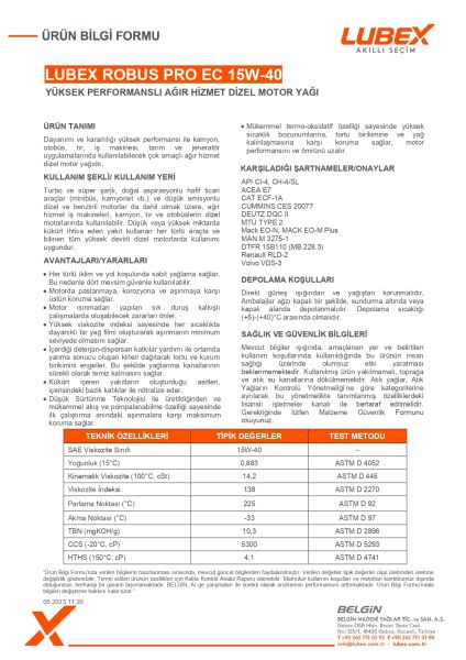 Lubex Robus Pro EC 15W-40 Mineral Dizel Motor Yağı | Ağır Hizmet Motorlar İçin Maksimum Koruma