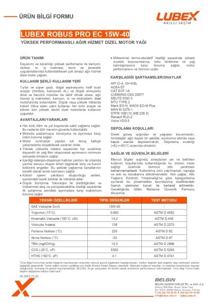 Lubex Robus Pro EC 15W-40 Mineral Dizel Motor Yağı | Ağır Hizmet Motorlar İçin Maksimum Koruma